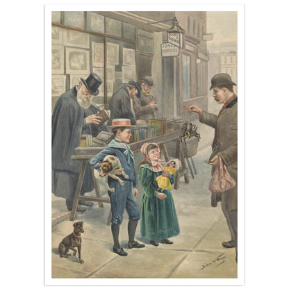 Vintage illustration of children in a street scene, admiring toys with an old bookstore in the background, perfect for Christmas decor