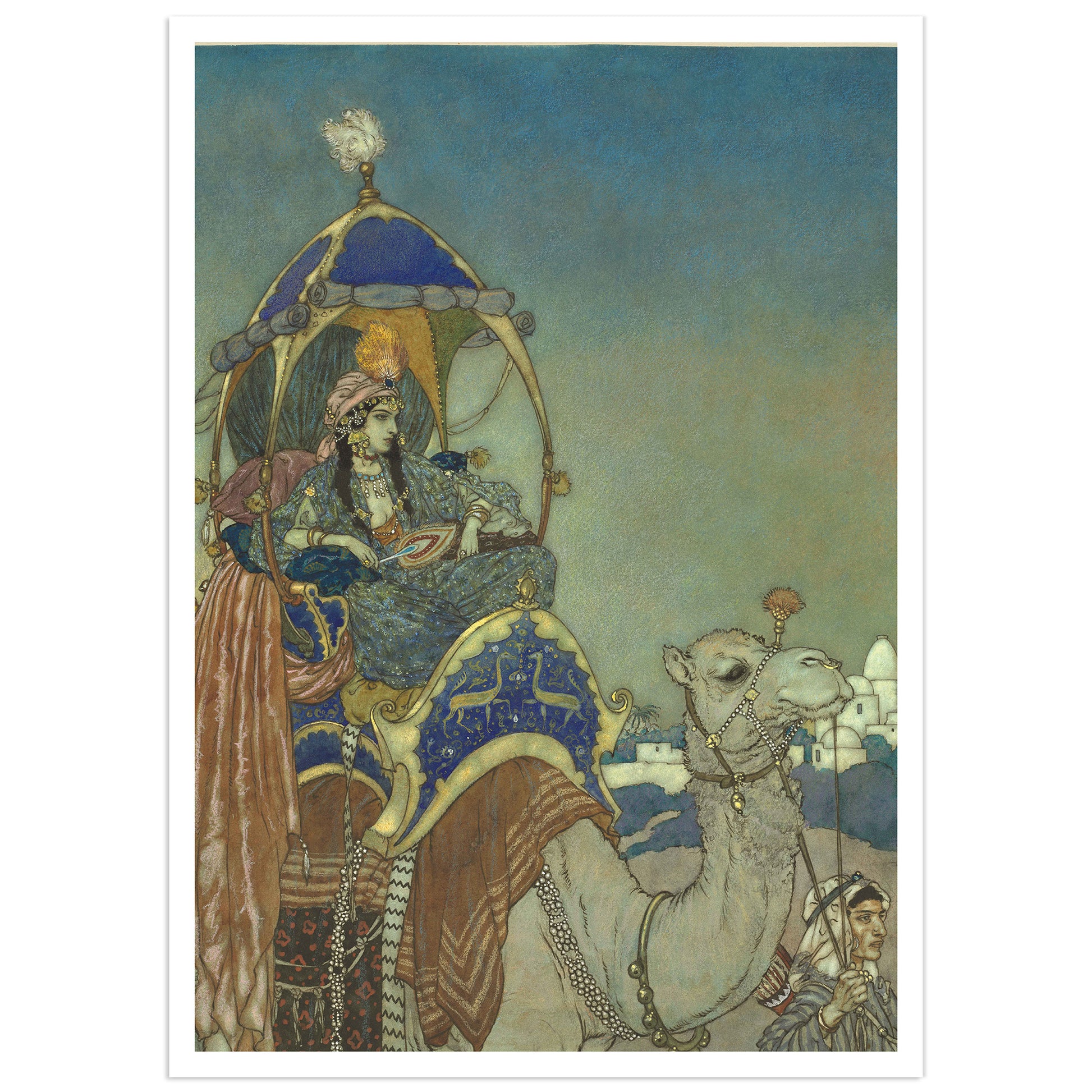 Edmund Dulac Arabian Nights scene poster featuring a richly dressed figure on a decorated camel, surrounded by an exotic Eastern backdrop