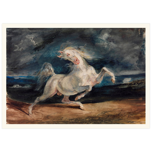 print of the 19th century painting "Horse frightened by lightning" by Eugene Delacroix.