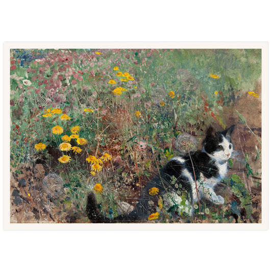 High definition print of a Cat on a flowery meadow, painting by Swedish artist Bruno Liljefors.