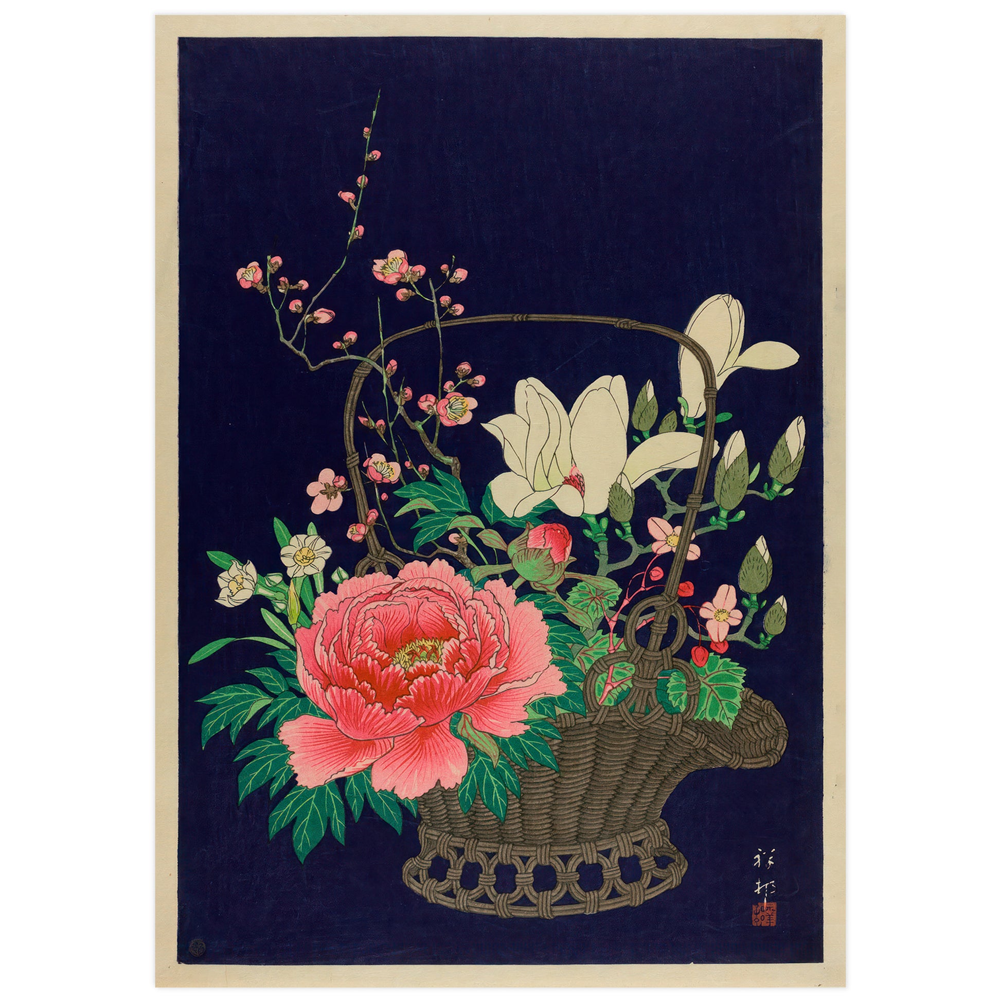 Ohara Koson high-definition poster featuring a vibrant floral arrangement in a traditional Japanese basket against a dark background