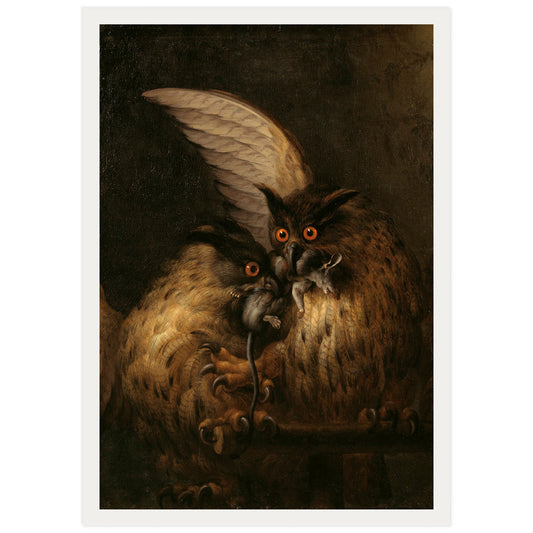 Two owls fighting over a rat, painting by Hans Georg Müller