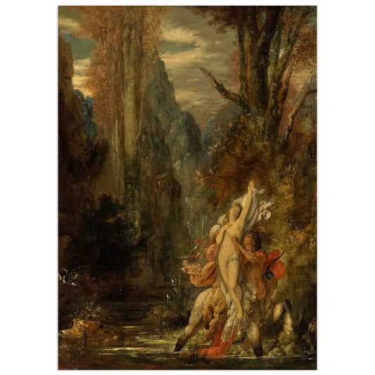 Painting of a nude woman being carried by a muscular centaur through a dark river landscape; the woman reaches upward in distress while trees and cliffs rise in the background – “Deianira Abducted by Nessus” by Gustave Moreau