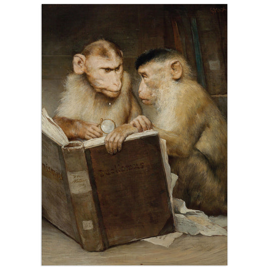 High-definition poster of Gabriel von Max's 'Monkeys Reading,' featuring two monkeys immersed in reading books, blending realism with satirical humor