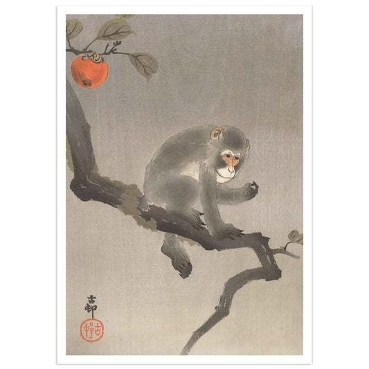 A poster featuring a woodblock print of a monkey sitting in a Persimmon tree with a background of branches and a Persimmon  on one of the branches.