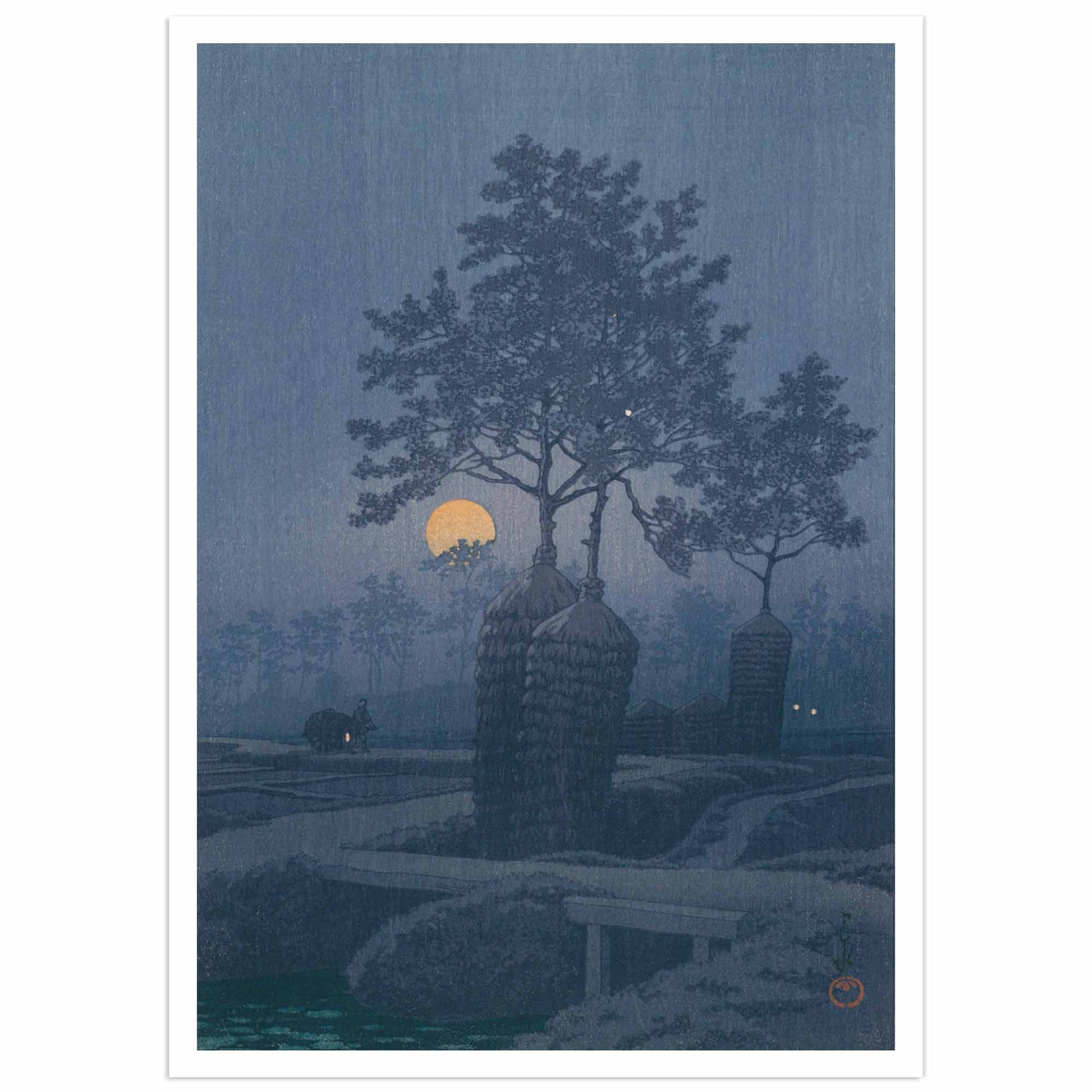 Kawase Hasui : Moon at Gamo poster featuring a serene night landscape with a glowing full moon, tall trees, and stacks of hay, in muted blue tones.