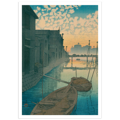 Hasui Daikon Wharf morning woodblock print Tokyo river boats shin hanga
