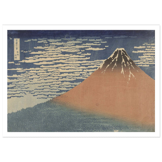 Hokusai Red Fuji woodblock print with Mount Fuji under a blue sky and clouds, Japanese ukiyo-e poster