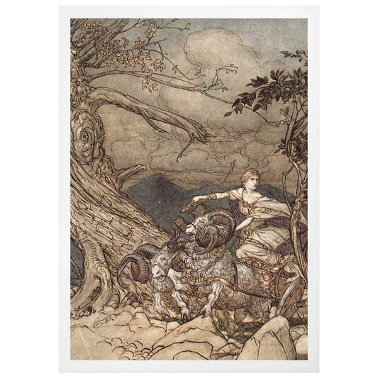 Fantasy illustration of the goddess Fricka riding a goat-drawn chariot, from Arthur Rackham's mythological artwork collection