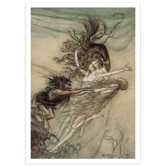 Illustration of the Rhinemaidens teasing Alberich from Wagner's Ring of the Nibelung, mythological fantasy artwork