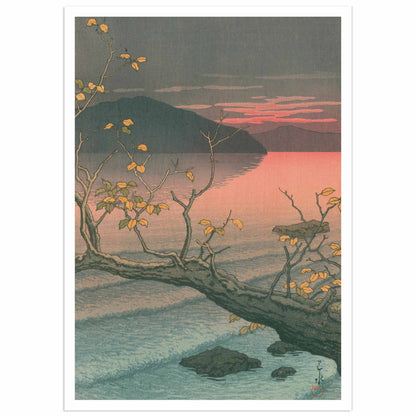 Kawase Hasui 1933 woodblock print showing a twisted tree branch with golden autumn leaves framing a view of a volcanic mountain peak and lake under a dramatic coral-pink sunset sky at Nenokuchi, Towada, with gray-blue mountains and reflected colors in the calm water