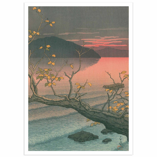 Kawase Hasui 1933 woodblock print showing a twisted tree branch with golden autumn leaves framing a view of a volcanic mountain peak and lake under a dramatic coral-pink sunset sky at Nenokuchi, Towada, with gray-blue mountains and reflected colors in the calm water