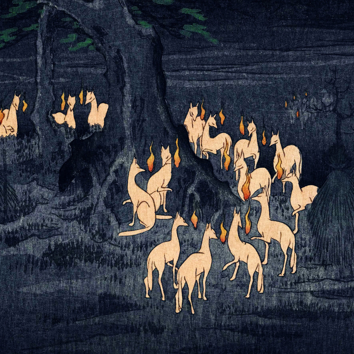 Feux de renard la nuit du Nouvel An à l'arbre d'Ōji – Affiche Hiroshige, Cent vues célèbres d'Edo