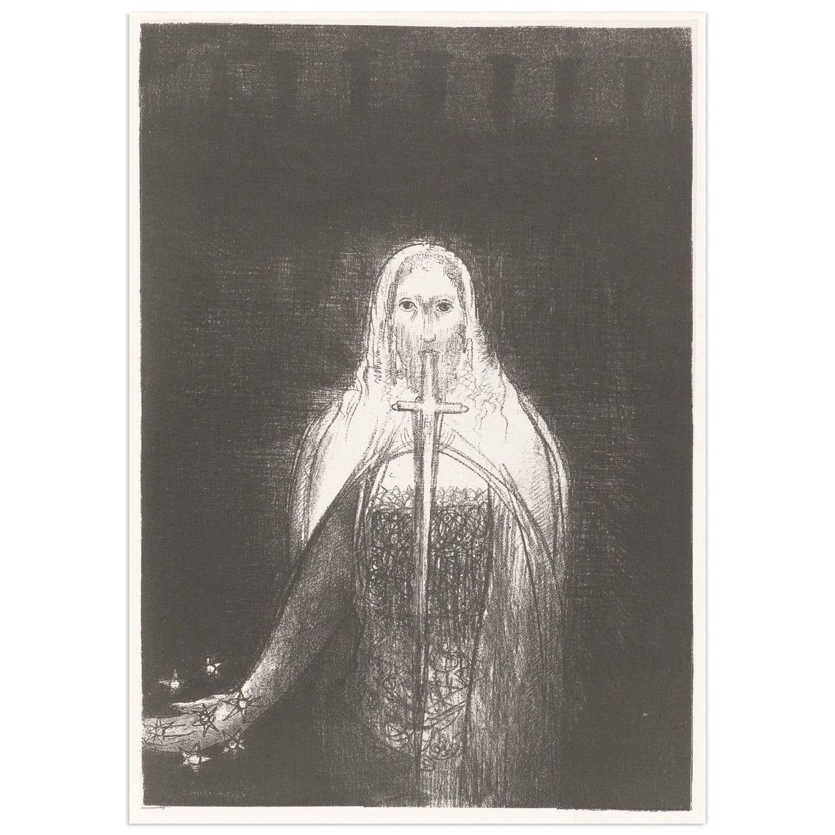 Odilon Redon lithograph in black and white showing a veiled figure emerging from darkness with a long sword issuing from its mouth and small stars at lower left.