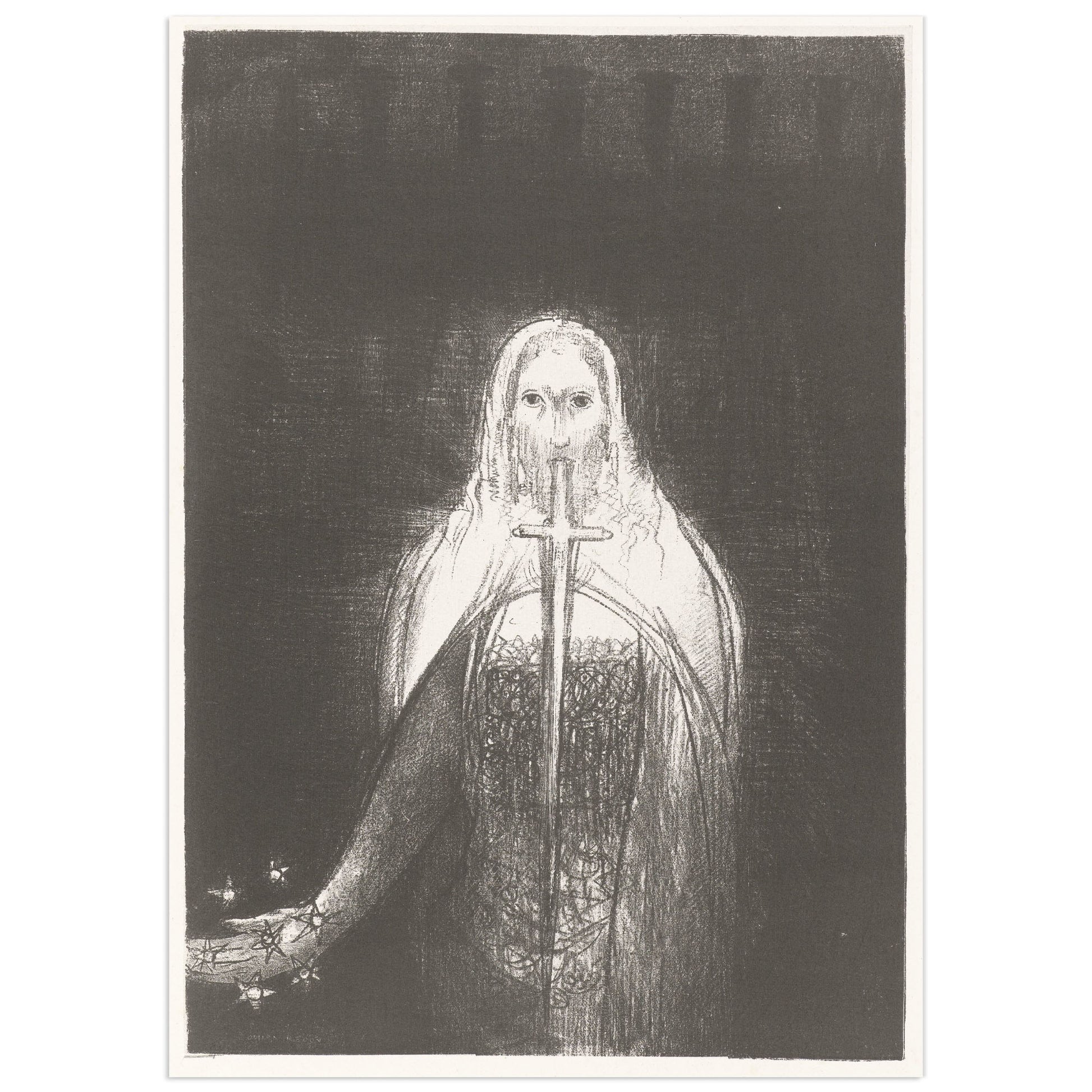 Odilon Redon lithograph in black and white showing a veiled figure emerging from darkness with a long sword issuing from its mouth and small stars at lower left.