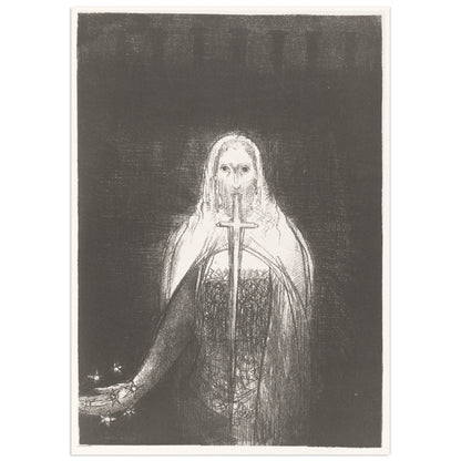 Odilon Redon lithograph in black and white showing a veiled figure emerging from darkness with a long sword issuing from its mouth and small stars at lower left.