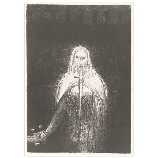 Odilon Redon lithograph in black and white showing a veiled figure emerging from darkness with a long sword issuing from its mouth and small stars at lower left.