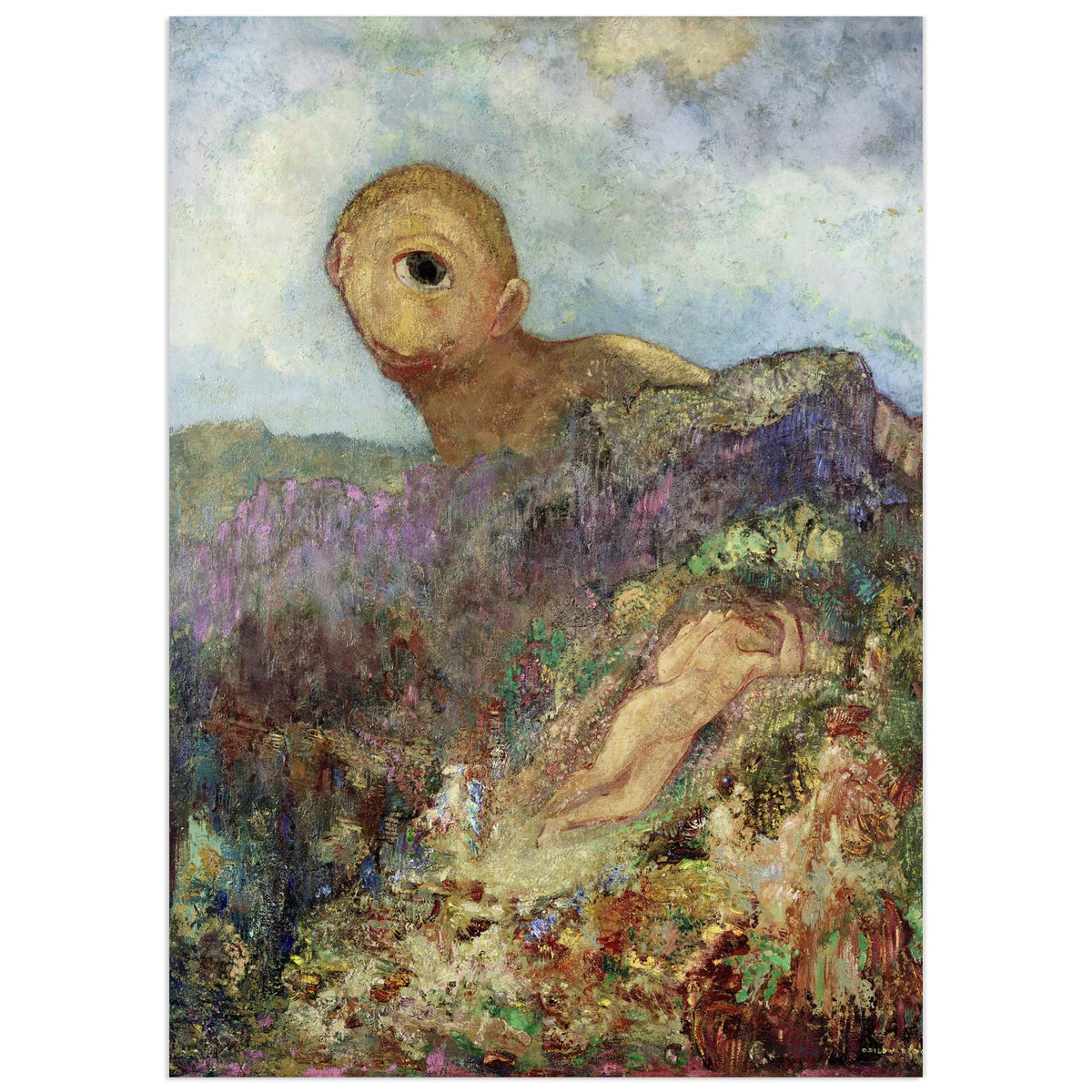 Odilon Redon, The Cyclops (c. 1914): a giant one-eyed Polyphemus peers over a purple and green hillside at the nymph Galatea sleeping among colourful flowers.