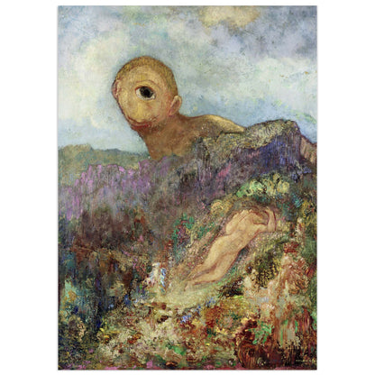 Odilon Redon, The Cyclops (c. 1914): a giant one-eyed Polyphemus peers over a purple and green hillside at the nymph Galatea sleeping among colourful flowers.