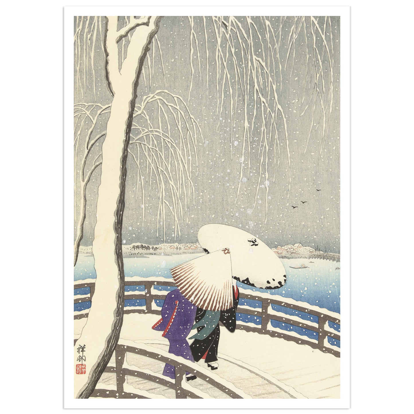 A serene winter scene by Ohara Koson depicting two figures walking along Willow Bridge in a gentle snowfall, with a large parasol shielding them from the snowflakes. Snow-covered branches and a calm, icy river create a tranquil atmosphere.