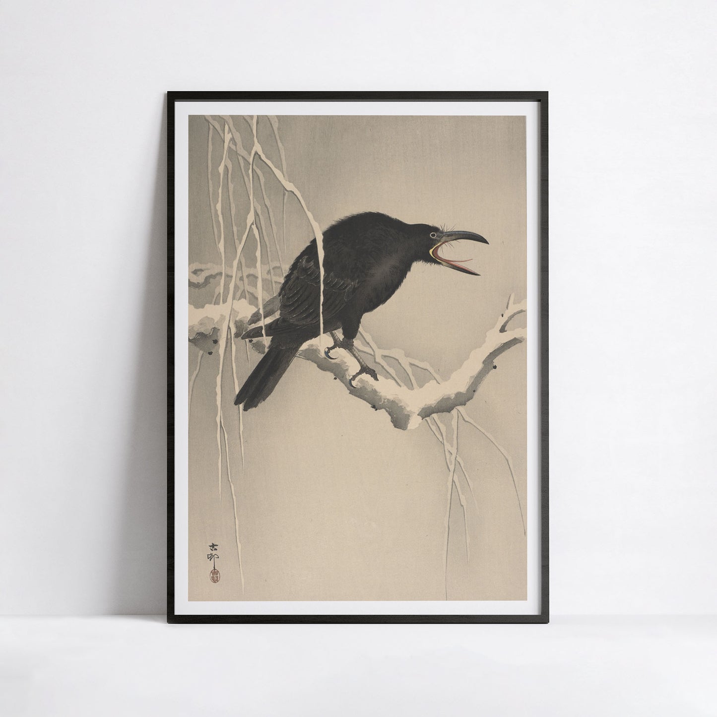 Corbeau croassant sur une branche enneigée, Ohara Koson
