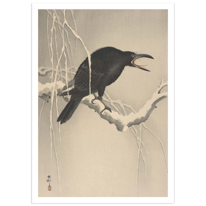 Traditional Japanese woodblock print of a crow on a branch with a minimal background. Reproduction of Cawing Crow by Ohara Koson, depicting a jungle crow perched on a snow-covered branch.