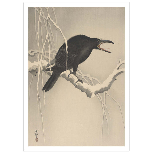 Traditional Japanese woodblock print of a crow on a branch with a minimal background. Reproduction of Cawing Crow by Ohara Koson, depicting a jungle crow perched on a snow-covered branch.