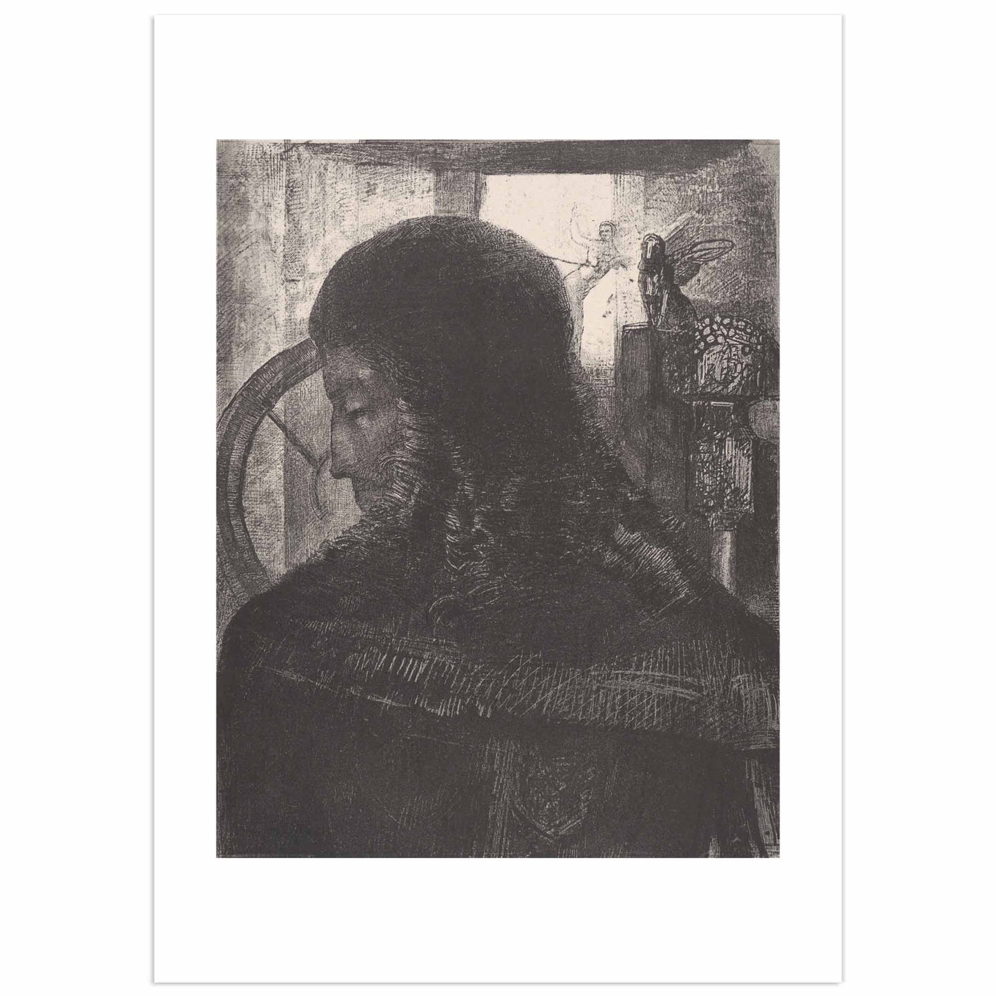 "Le Vieux Chevalier" (The Old Knight), 1896 — Odilon Redon. Black and white lithograph depicting the dark silhouetted figure of an armored knight seen from behind, with a ghostly angel and a winged creature visible in the background. Symbolist art print.