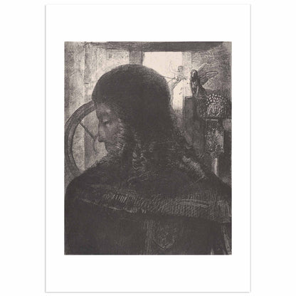 "Le Vieux Chevalier" (The Old Knight), 1896 — Odilon Redon. Black and white lithograph depicting the dark silhouetted figure of an armored knight seen from behind, with a ghostly angel and a winged creature visible in the background. Symbolist art print.
