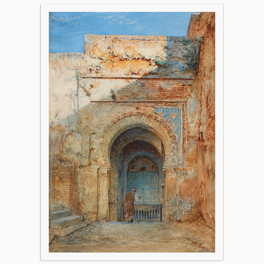 Watercolor painting of an old Moorish doorway in Morocco, showing a weathered brick arch with intricate horseshoe motifs, a turquoise wooden door with geometric patterns, and a solitary robed figure standing in the shadowed entrance, warm earth tones contrasting with a pale blue sky