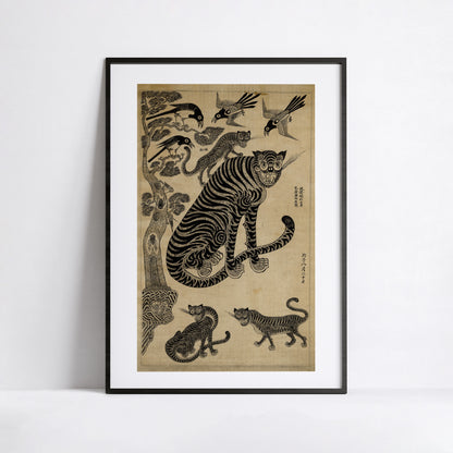 Hojakdo — Tigers and Magpies | Korean Minhwa Ink Painting | Vintage Poster