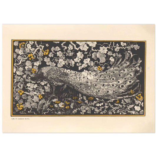 "Pauw" by Theo van Hoytema, a detailed lithograph featuring a peacock amid foliage and flowers with black, white, and yellow contrasts.