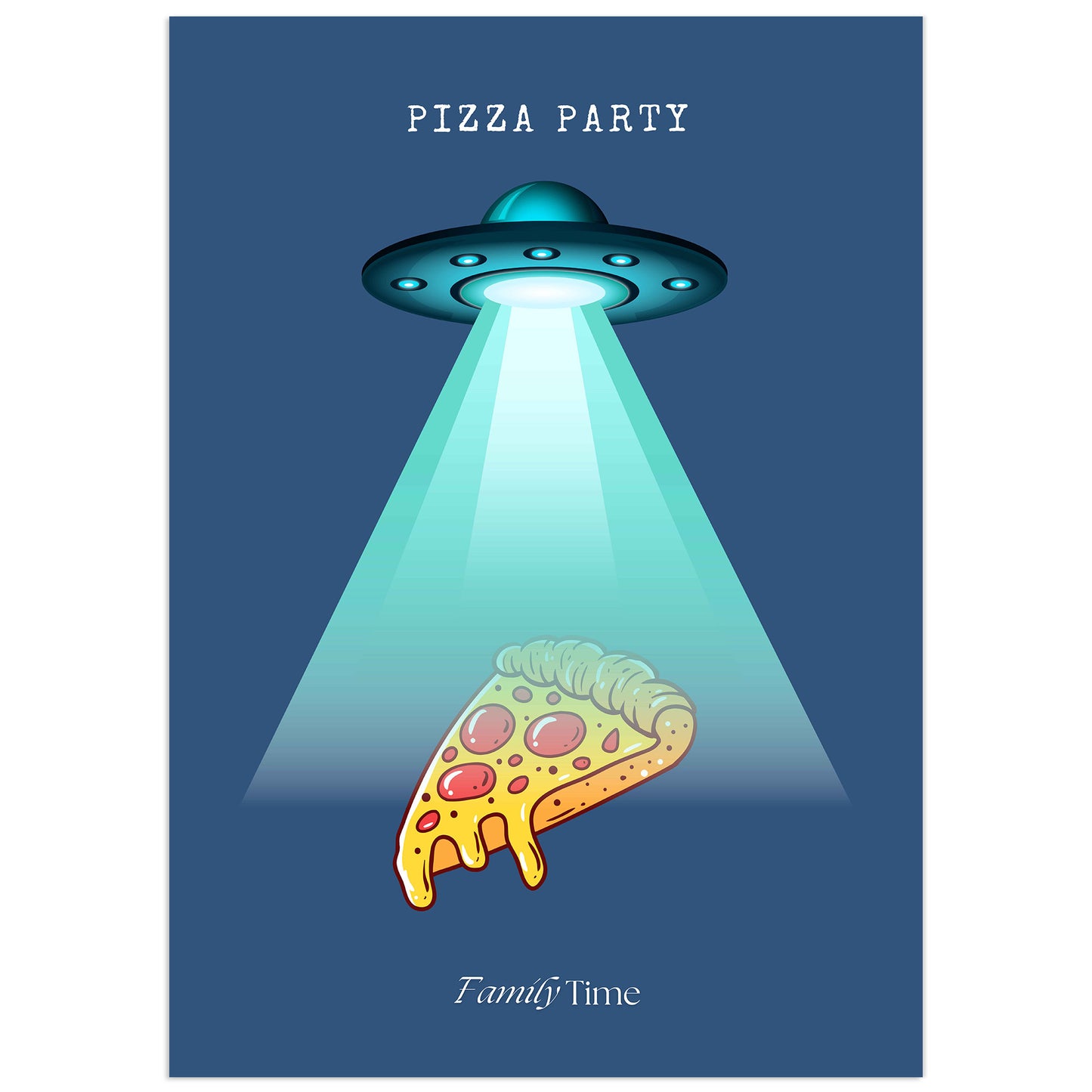Graphic illustration of a UFO abducting a slice of pizza on a dark blue background