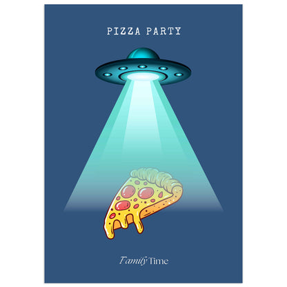 Graphic illustration of a UFO abducting a slice of pizza on a dark blue background