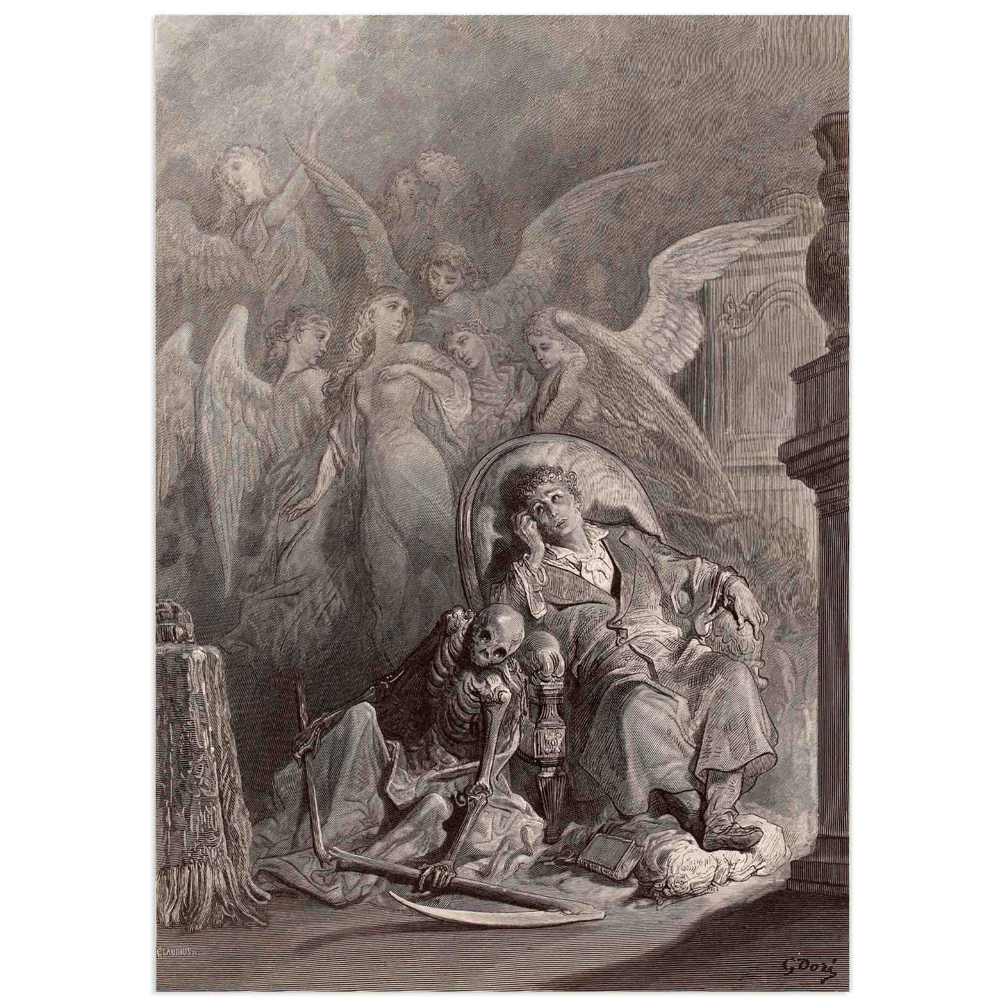 Gustave Doré engraving of man haunted by angels and death for Poe's The Raven