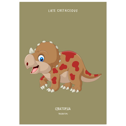 Printable wall art of a friendly cartoon triceratops with red markings on a sage green background, labelled Late Cretaceous and Ceratopsia