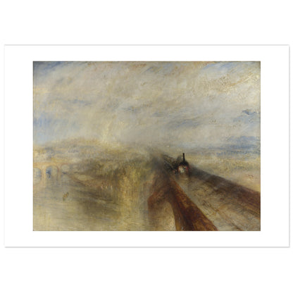 Rain, Steam and Speed by J.M.W. Turner: a dark steam locomotive rushes toward the viewer across a railway bridge over the Thames, almost dissolved in a golden haze of rain, steam and light