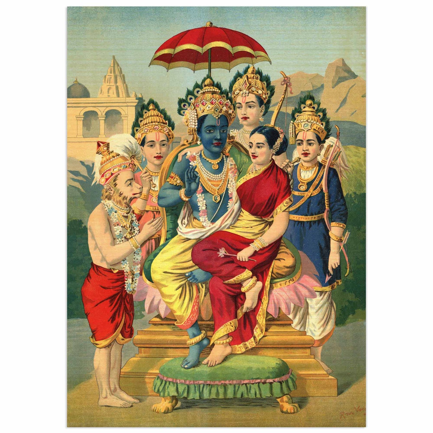 Vintage Hindu print of Ram Panchayatan showing Rama's coronation with Sita, Lakshmana, Hanuman, and Bharata in ornate attire and setting