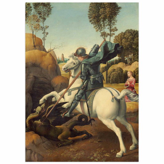 Renaissance painting of Saint George on horseback slaying a dragon with a lance, artwork by Raphael