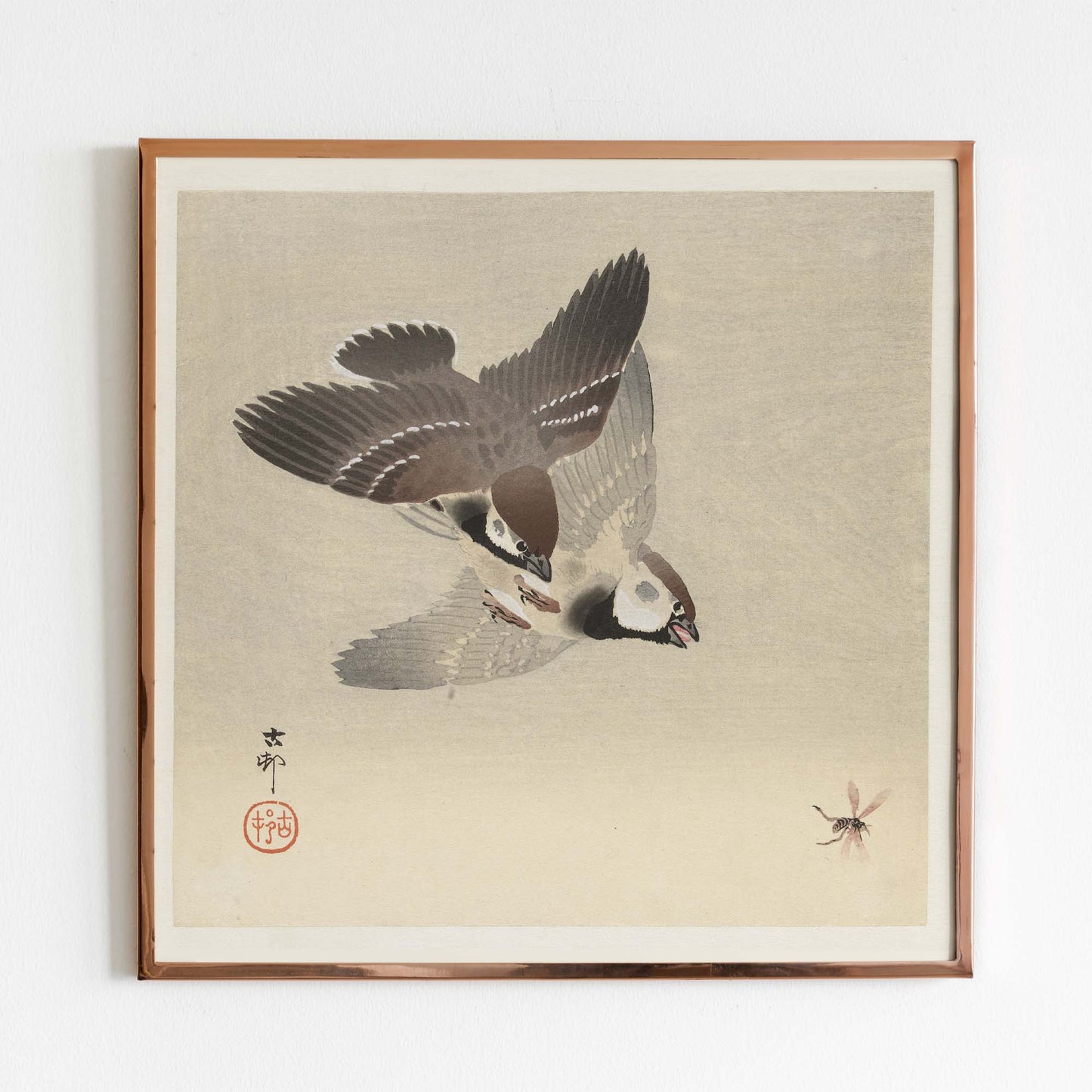 Ringed sparrows and insect, Ohara Koson