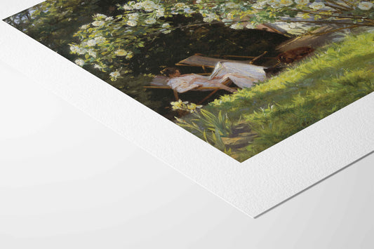 Artistic depiction of a person lying on grass with flowers and a bench in the background