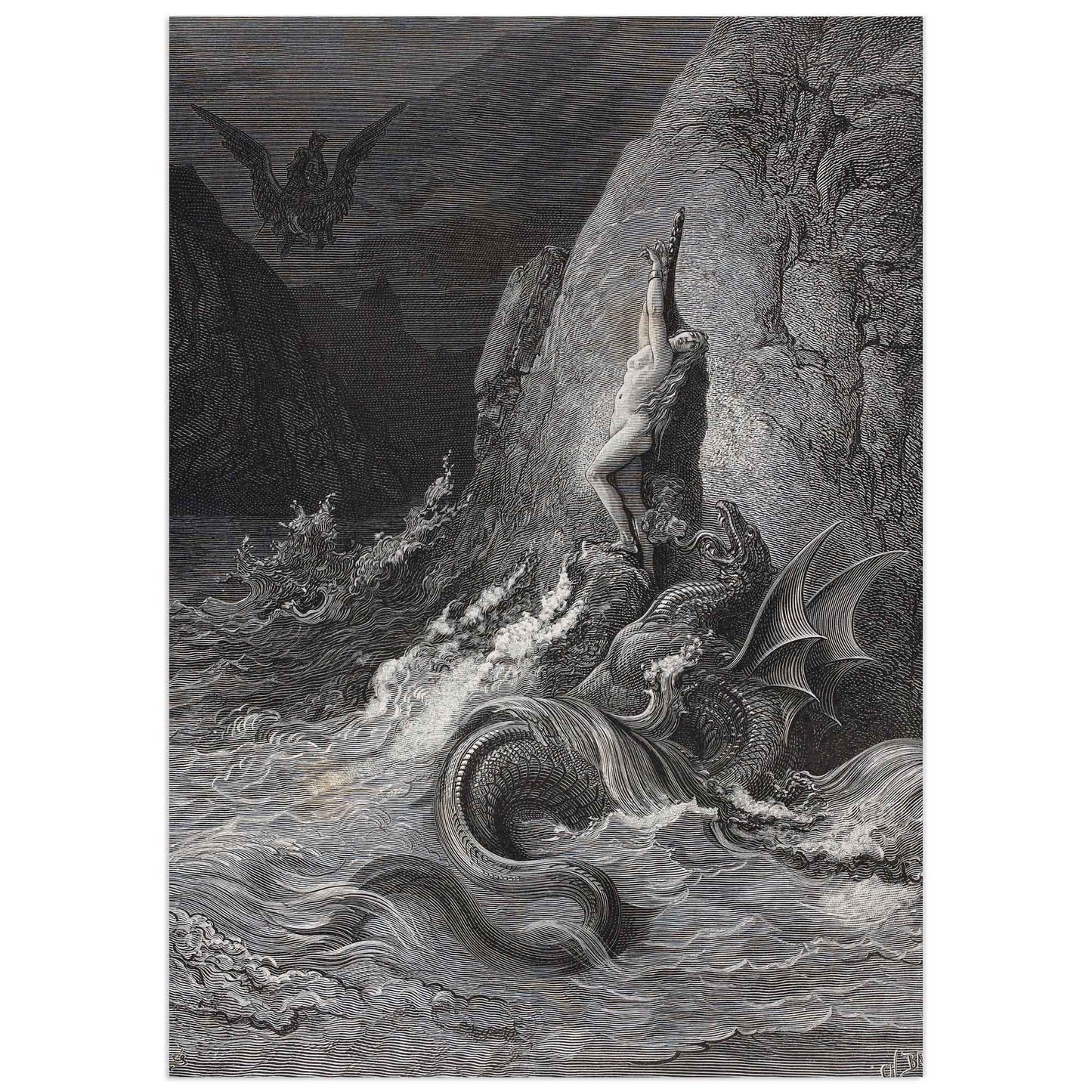 Engraving by Gustave Doré showing Angelica chained to a rock, threatened by a sea monster, as Ruggiero approaches on a flying hippogriff to rescue her.