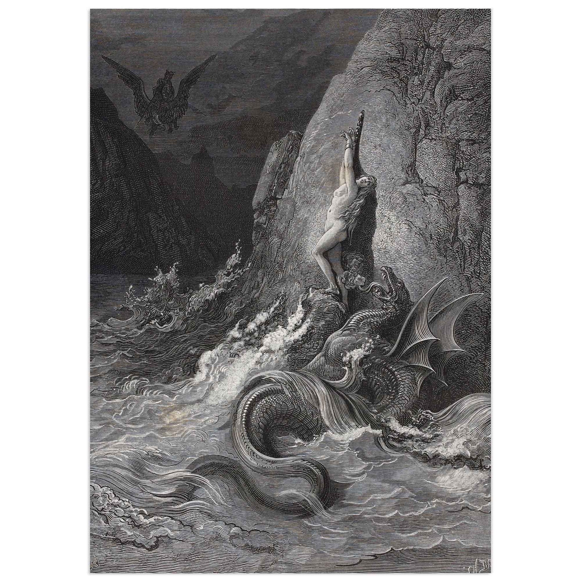 Engraving by Gustave Doré showing Angelica chained to a rock, threatened by a sea monster, as Ruggiero approaches on a flying hippogriff to rescue her.