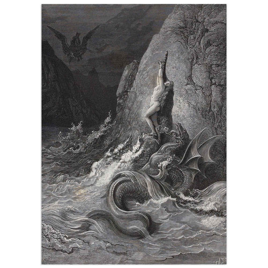 Engraving by Gustave Doré showing Angelica chained to a rock, threatened by a sea monster, as Ruggiero approaches on a flying hippogriff to rescue her.