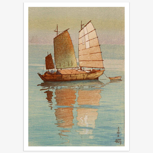 High-quality poster reproduction of the 'Sailing Boats' woodblock print by Japanese artist Hiroshi Yoshida, showing sailboats on calm water at sunrise.