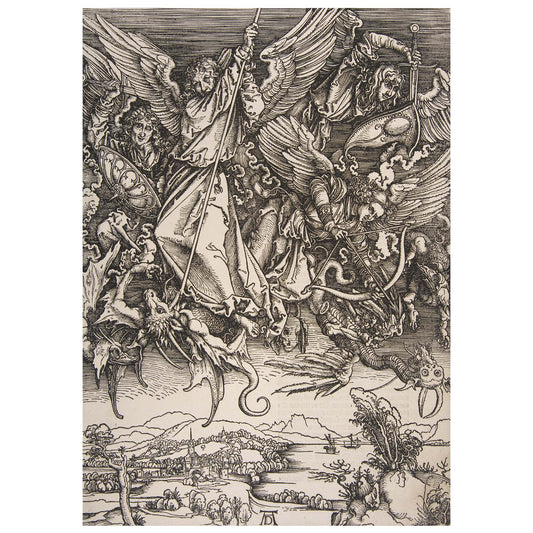 Saint Michael slaying the seven-headed dragon – Albrecht Dürer woodcut from The Apocalypse (1498)