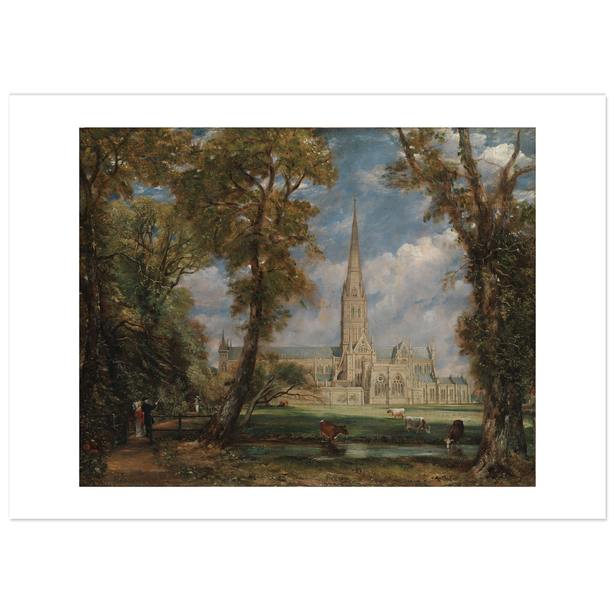 Salisbury Cathedral from the Bishop's Grounds by John Constable: the tall Gothic spire of Salisbury Cathedral framed by an arch of dark trees, with cattle drinking at a stream in the foreground under a cloudy sky