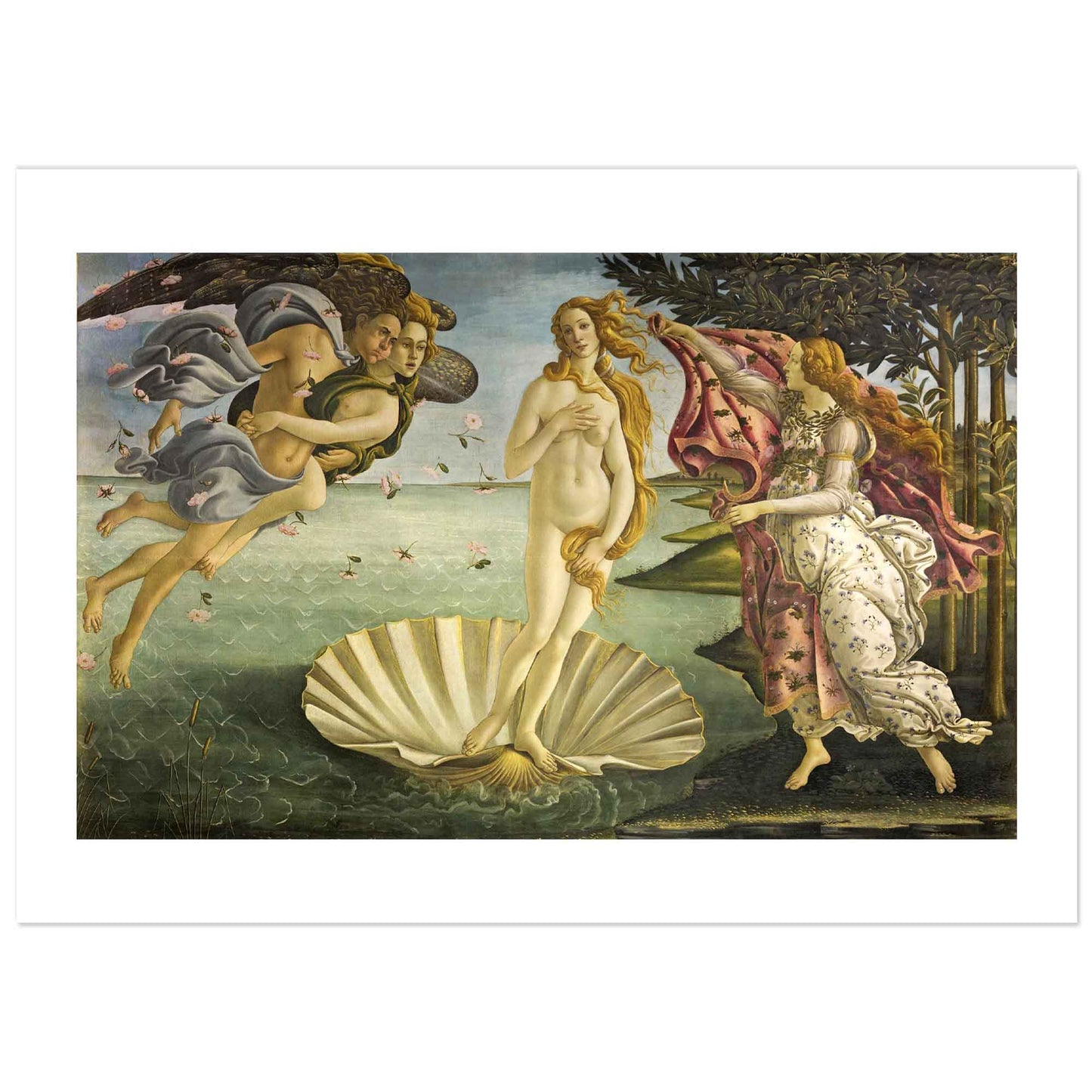 "Sandro Botticelli's 'The Birth of Venus,' a masterpiece of Renaissance art depicting Venus, the goddess of love, emerging from the sea on a giant shell. Zephyr, the god of wind, blows her ashore, accompanied by Chloris, while a maiden prepares to clothe her with a flowing robe. The painting is set against a serene ocean backdrop with lush foliage on the right."