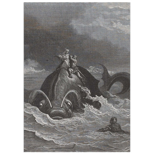 Gustave Doré engraving from Orlando Furioso: a crowned sorceress and a knight sit on the back of a giant whale with bulging eyes and twin spouts, while a helmeted knight swims in the stormy waves below