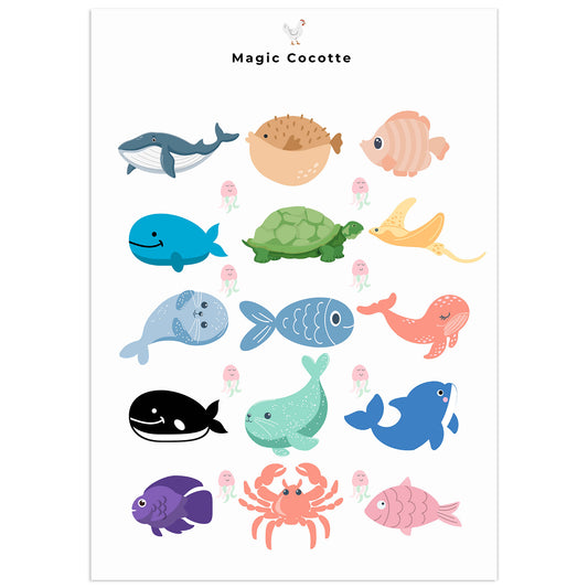 Cute sea animals illustration (whale, turtle, crab, fish, manta ray) on a printable digital poster for kids’ room or nursery wall art.